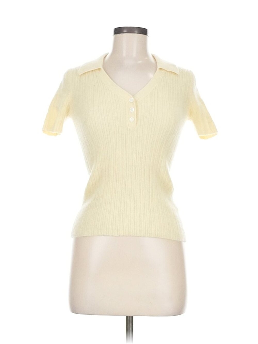 Club Monaco 100% Cashmere Ribbed Short Sleeve Polo Top Butter Yellow Size S/M